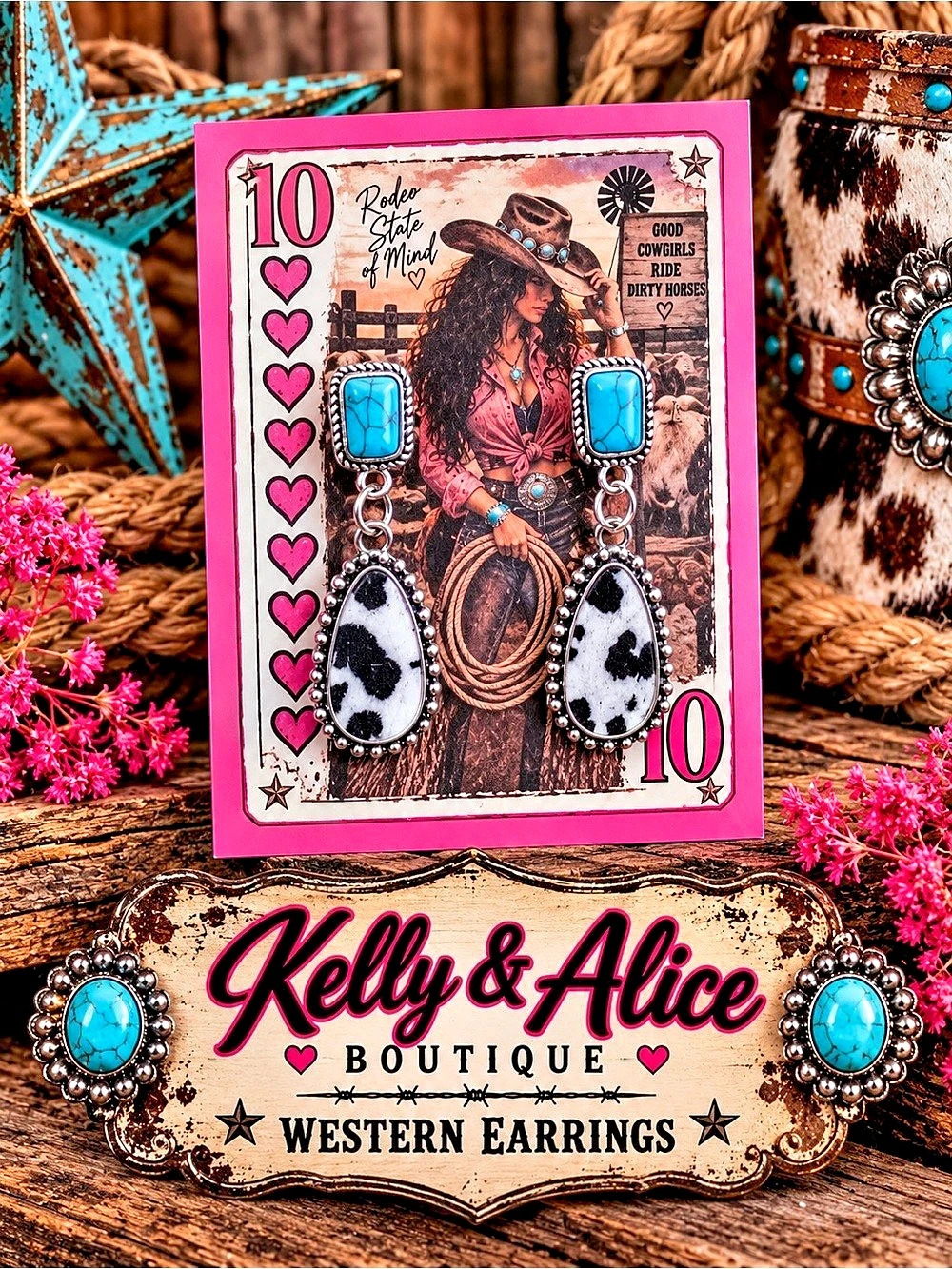 Kelly & Alice Boutique Western Animal Print Earrings in Pink & Turquoise NWT